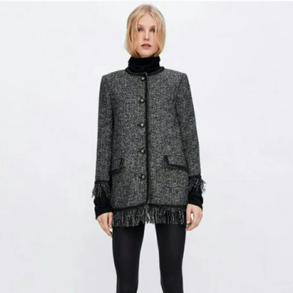 ZARA WOMEN BLACK TWEED JACKET WITH METALLIC THREAD SIZE XS - Picture 2 of 9